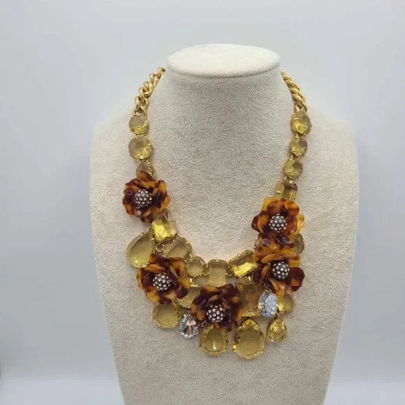 NWOT J Crew Tortoise Clear and Gold Crystal Statement Flower Necklace - Picture 9 of 12